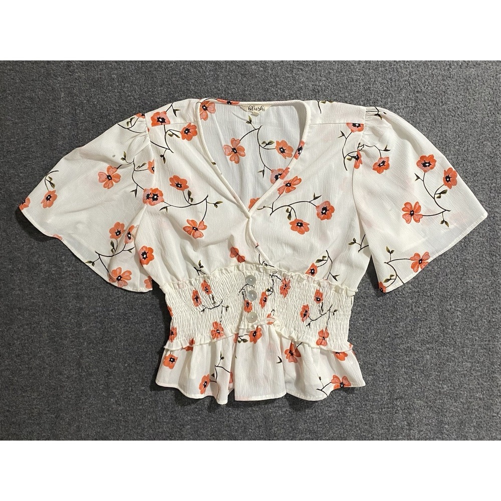 Blouse Top Womens Multi Floral Peplum Hem Drawstring Size S